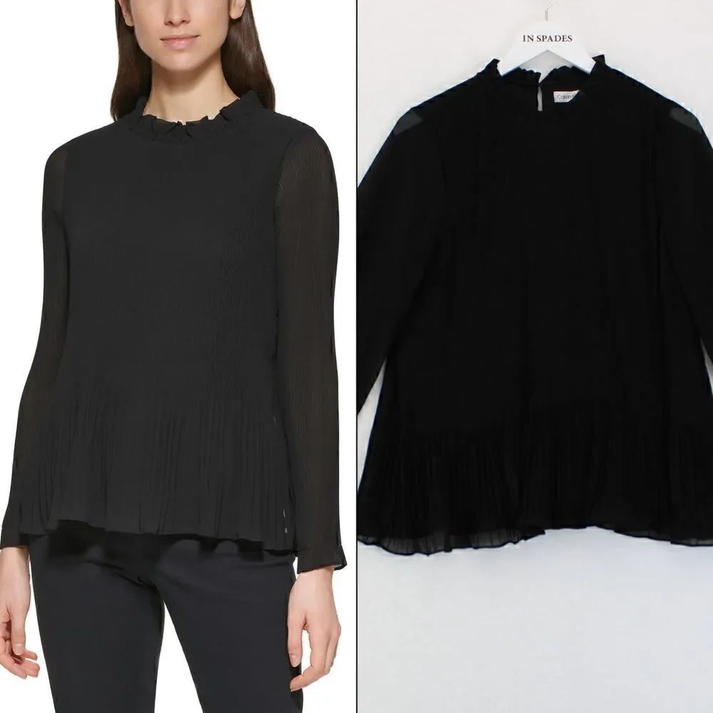 Calvin Klein Women's Solid-Hued Pleated Blouse - Black - Size L